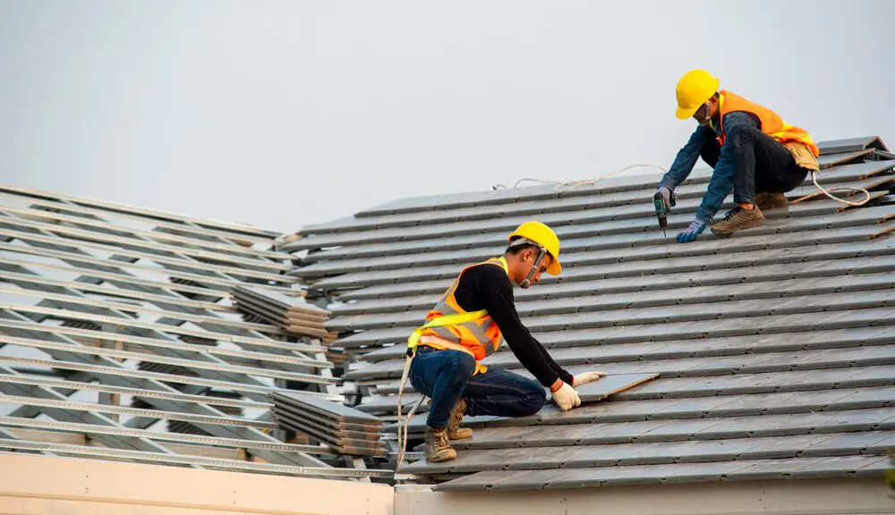 Professional roofing team at work